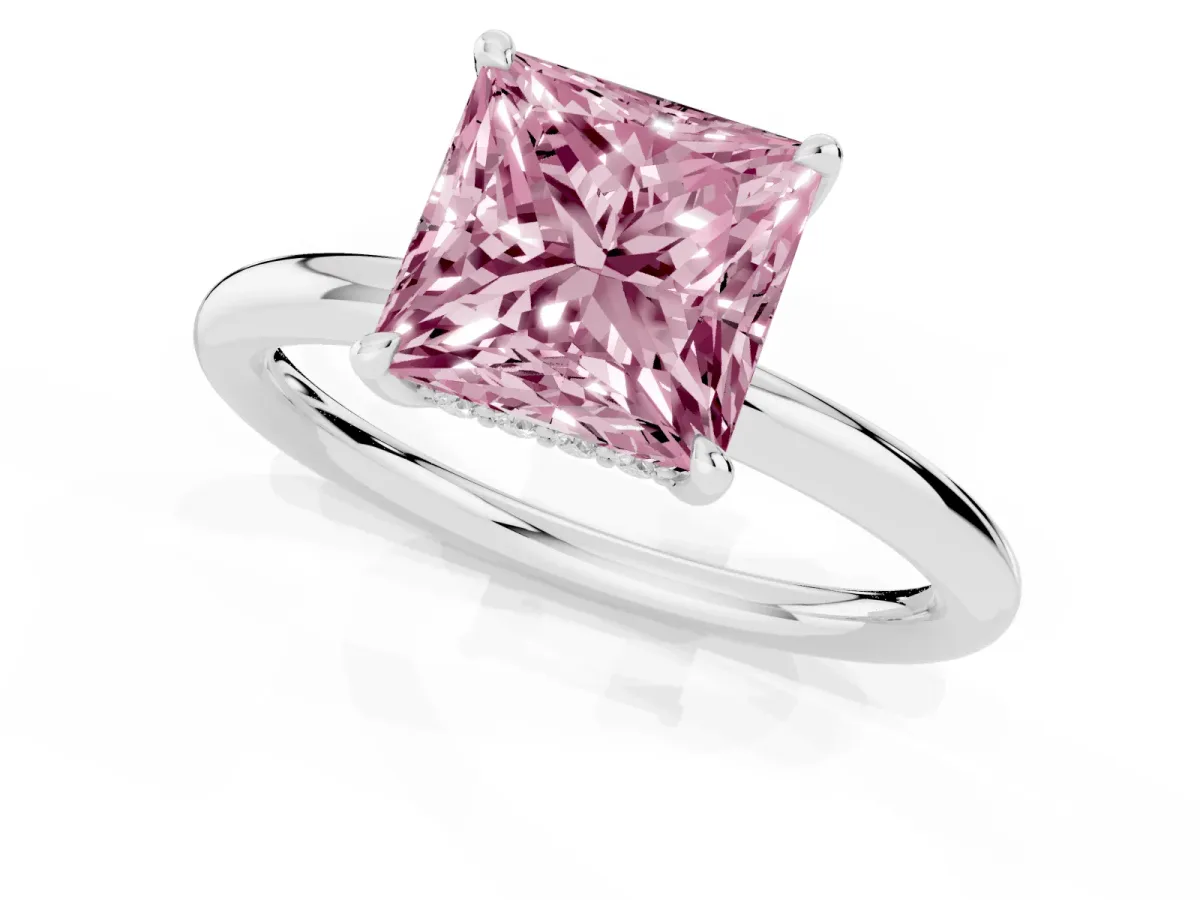 Fancy Pink Princess Cut Diamond Solitaire Ring with Thin Band and Four-Prong Setting Platinum