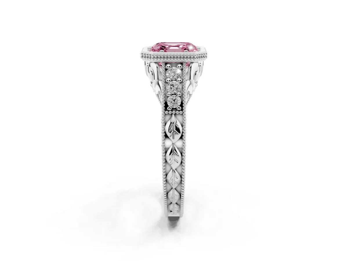 Fancy Pink Bezel Set Asscher Cut Diamond Milgrain Pave Engagement Ring Platinum