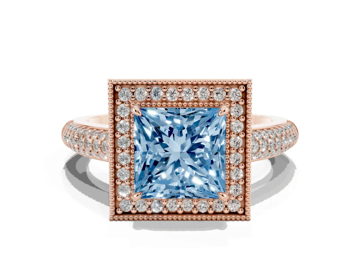 Fancy Blue Princess Cut Cut Halo Diamond Pave Band with Four-Prong Setting Rose gold