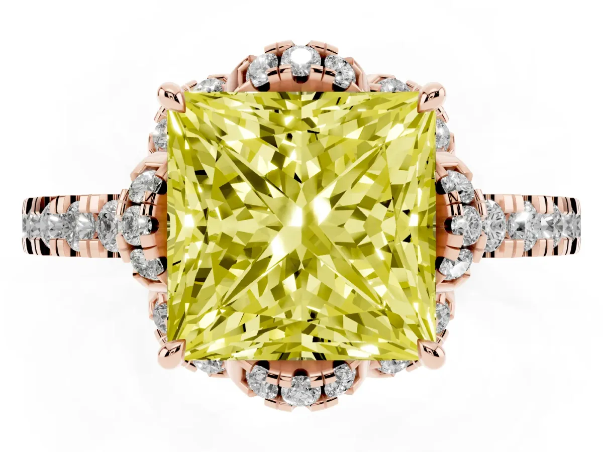 Fancy Yellow Princess Cut Halo Diamond Pave Band Ring with Four-Prong Setting Rose gold