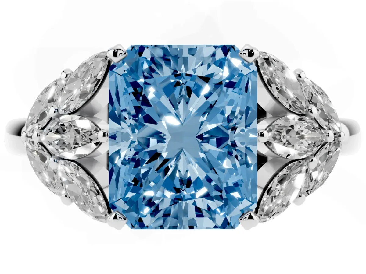 Fancy Blue Radiant Cut Diamond Cluster Leaf Design Ring with Prong Setting Silver