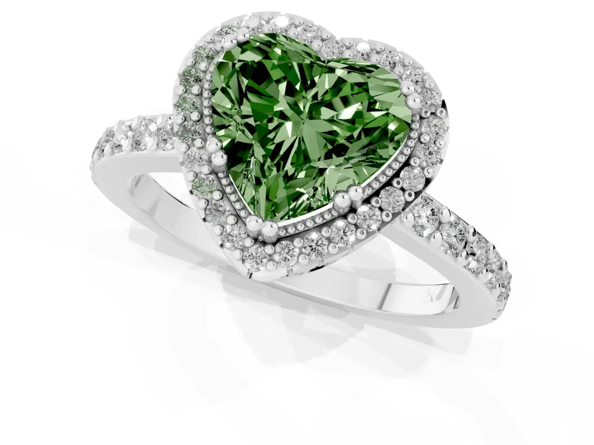 Fancy Green Heart Cut Cut Diamond Halo Engagement Ring with Milgrain Detail and Pavé Band Silver