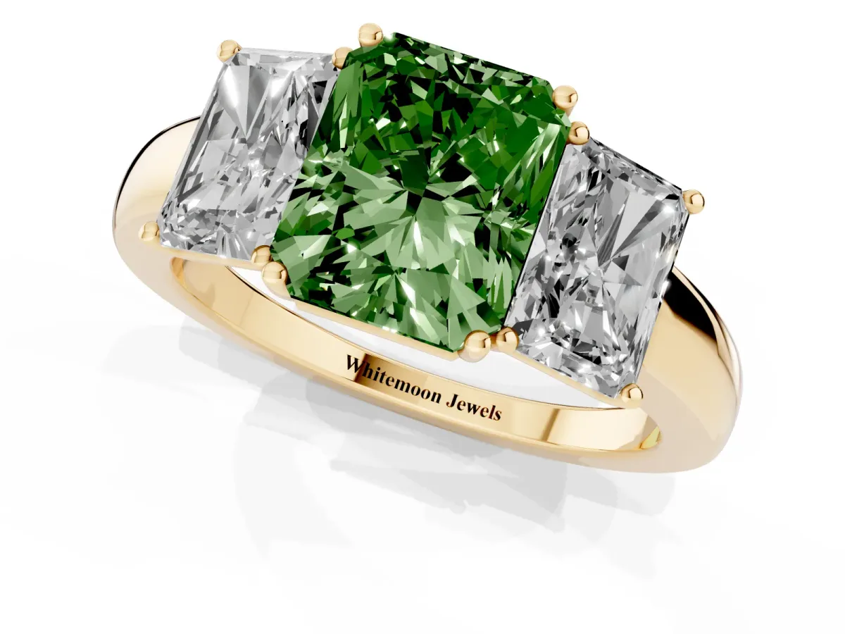 Fancy Green Radiant Cut Diamond Three-Stone Ring with Four-Prong Setting and Classic Band Yellow gold
