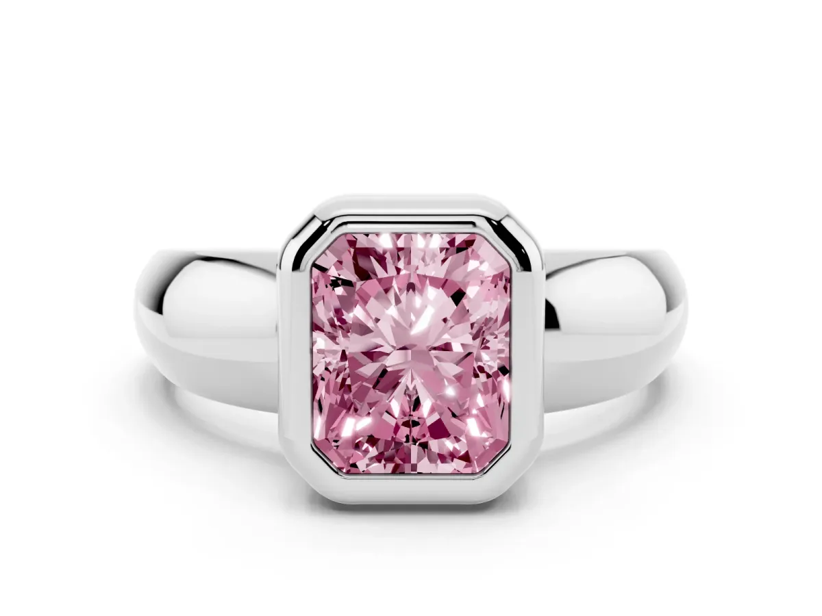 Fancy Pink Bezel Set Radiant Cut Solitaire Ring with Wide Band Platinum