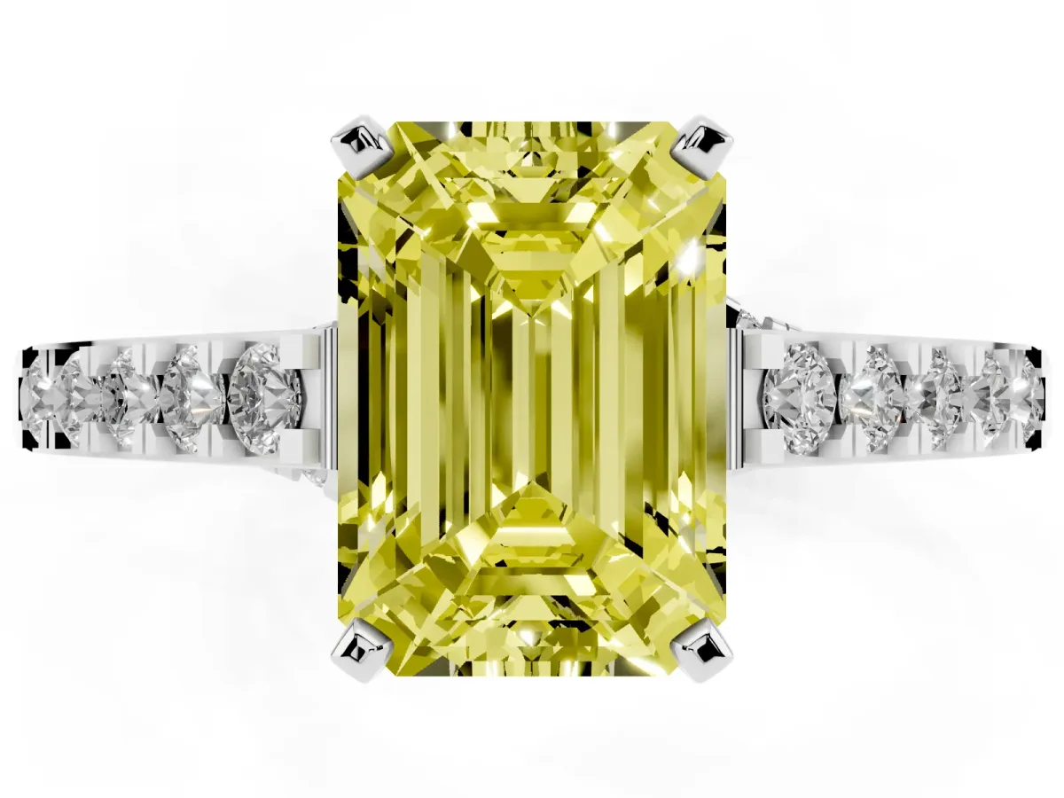 Fancy Yellow Emerald Cut Diamond Solitaire Ring with Crossover Gallery and Round Pavé Band Silver