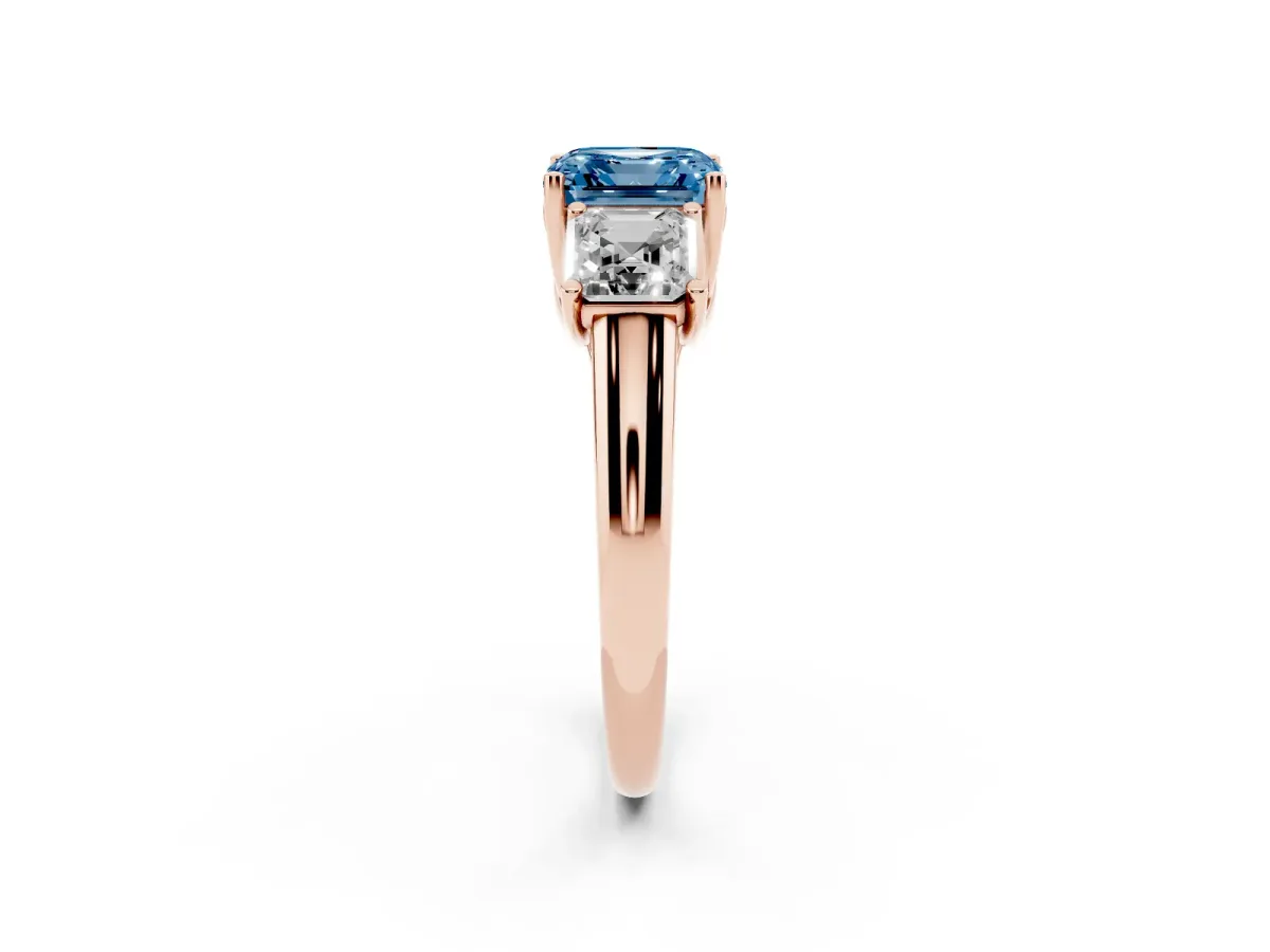 Fancy Blue Three-Stone Asscher Cut Diamond Engagement Ring with Prong Setting Rose gold