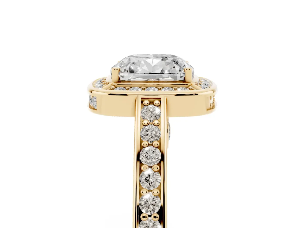 Cushion Cut Cut Halo Pave Split Shank Prong Setting Ring Yellow gold