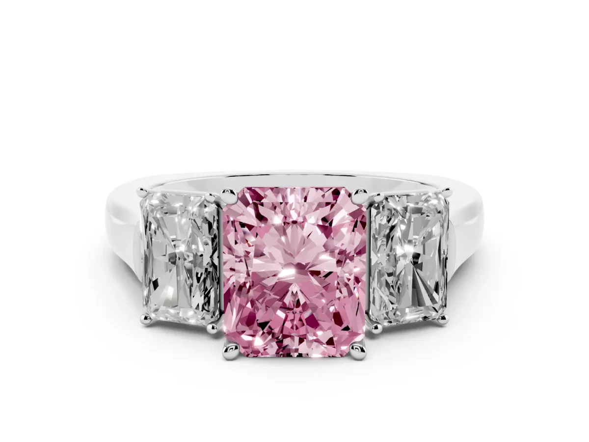 Fancy Pink Three-Stone Radiant Cut Brilliant Diamond Trellis Ring with Comfort Fit Band Silver