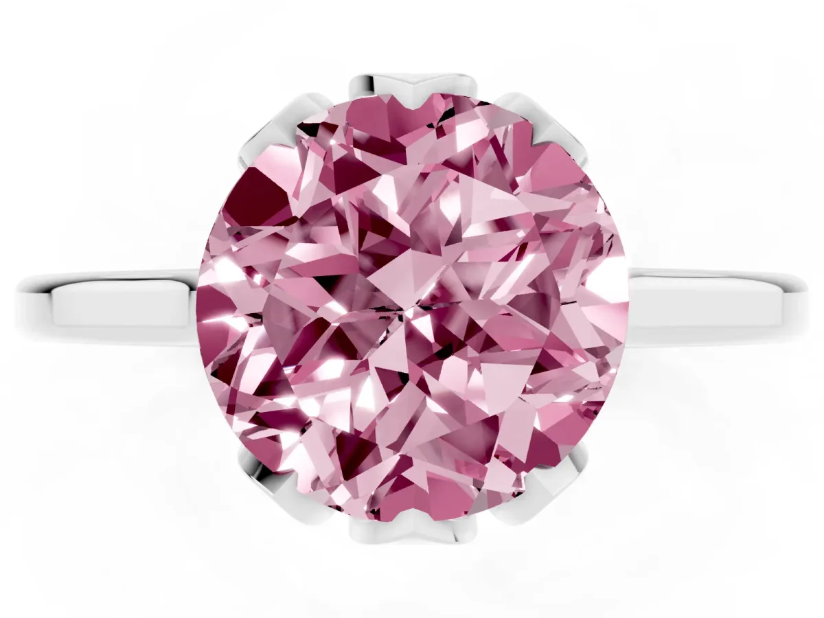 Fancy Pink Round Cut Diamond Solitaire Ring with Flower Prong Setting and Classic Band Silver