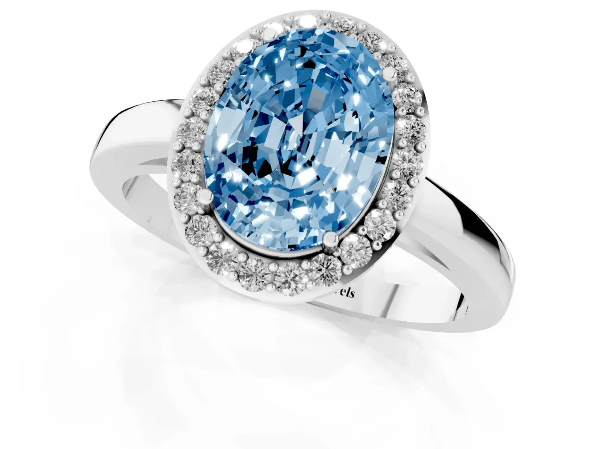 Fancy Blue Oval Cut Halo Diamond Ring with Solitaire Band and Prong Setting Platinum