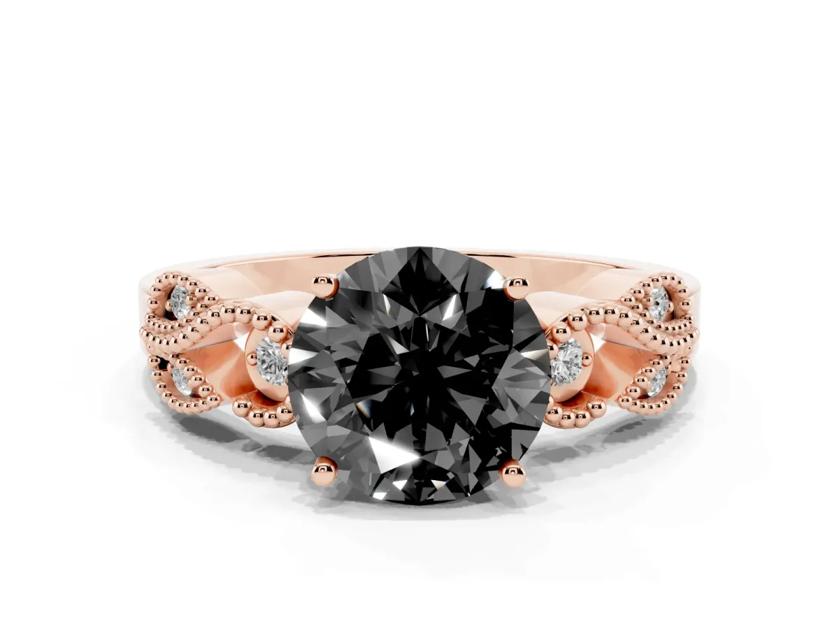 Fancy Black Round Cut Solitaire Milgrain Leaf Band with Prong Setting Rose gold