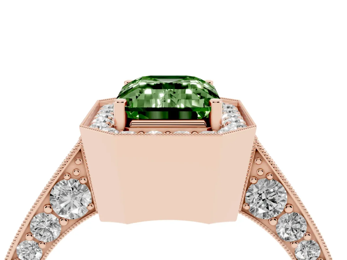 Fancy Green Emerald Cut Halo Diamond Engagement Ring with Split Shank Band and Four-Prong Setting Rose gold
