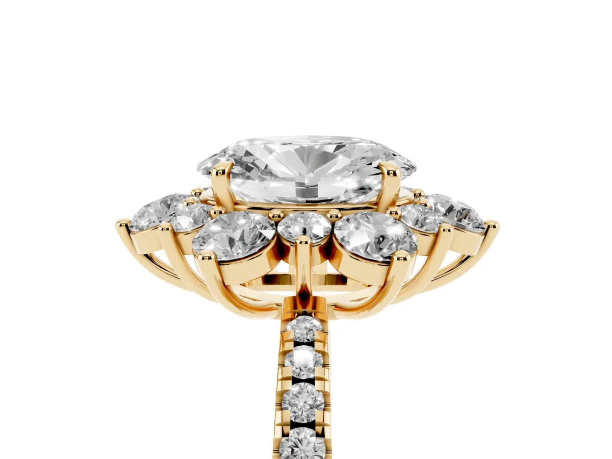 Oval Cut Diamond Floral Halo Ring with Round Pavé Band and Prong Setting Yellow gold