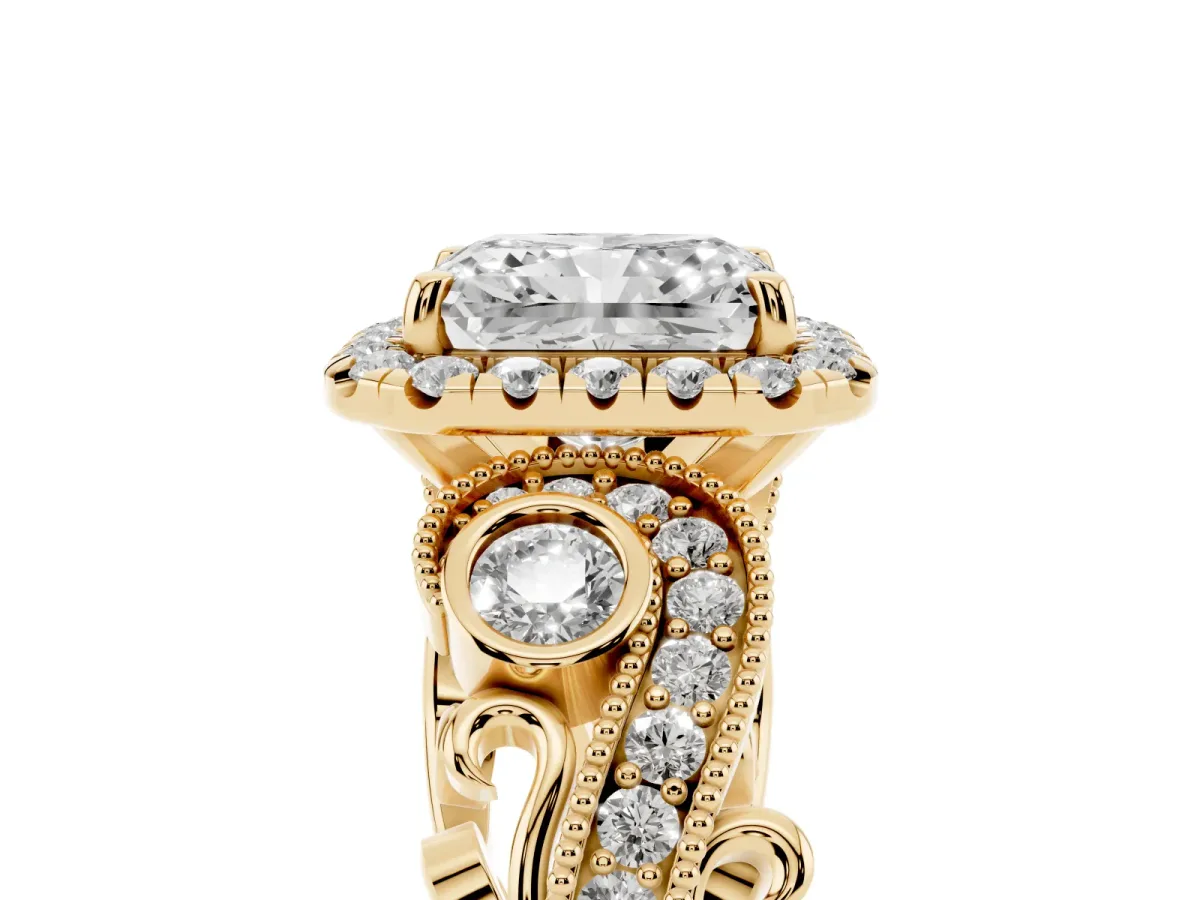 Radiant Cut Diamond Halo Ring with Milgrain Pavé Band and Four-Prong Setting Yellow gold