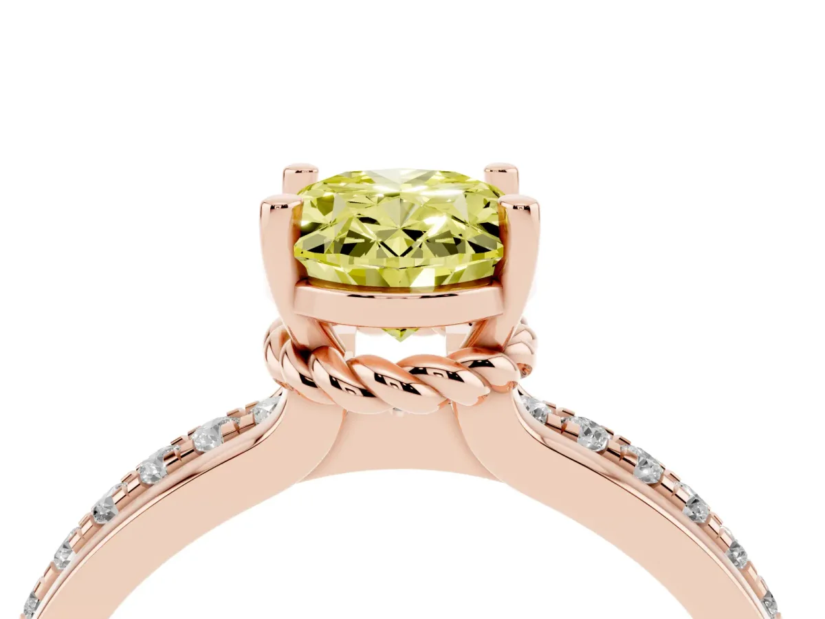 Fancy Yellow Oval Cut Solitaire Diamond Ring with Channel Set Band and Six-Prong Setting Rose gold
