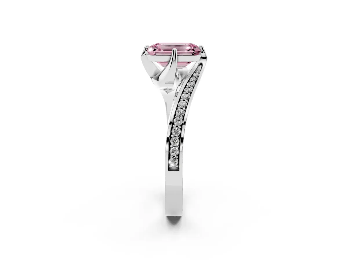 Fancy Pink Emerald Cut Solitaire Diamond Twist Band with Pavé Setting and Four-Prong Setting Silver