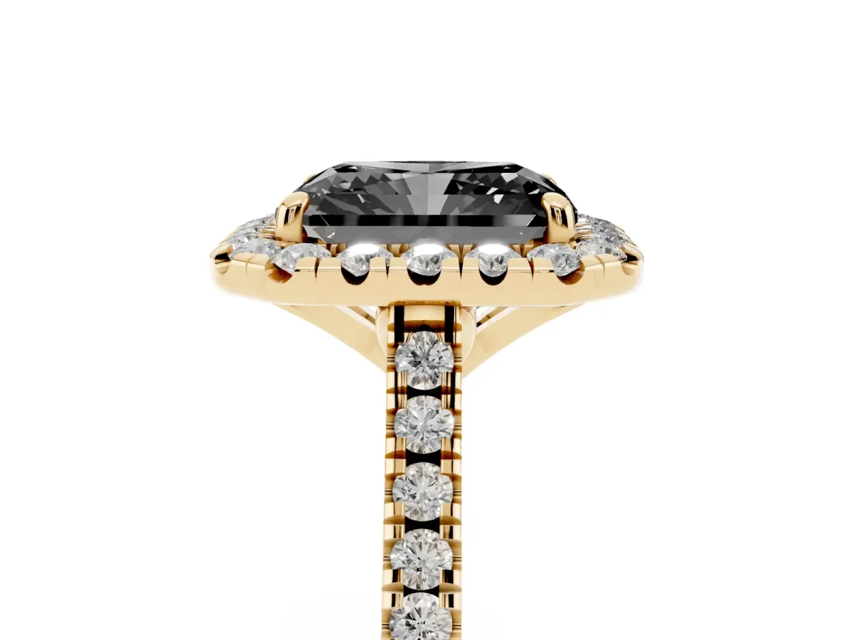 Fancy Black Radiant Cut Diamond Cushion Halo Ring with Pavé Band Yellow gold