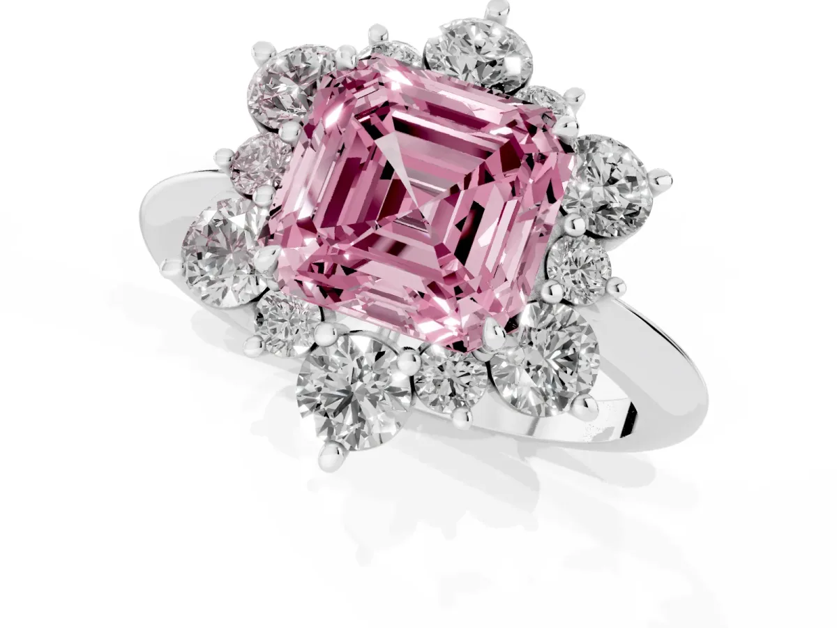 Fancy Pink Asscher Cut Diamond Cluster Halo Ring with Solitaire Band and Four-Prong Setting Silver