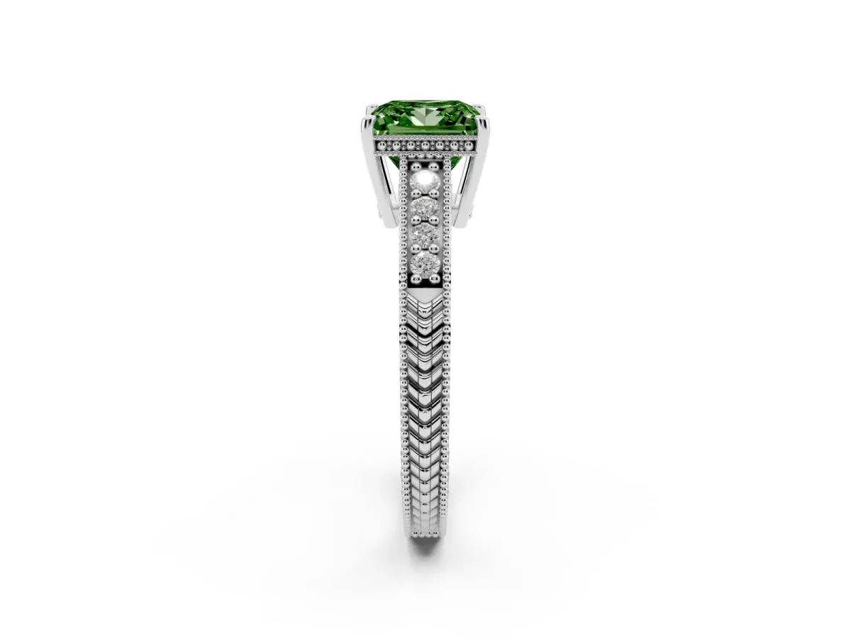 Fancy Green Princess Cut Solitaire Pavé Diamond Milgrain Engagement Ring with Four-Prong Setting Silver