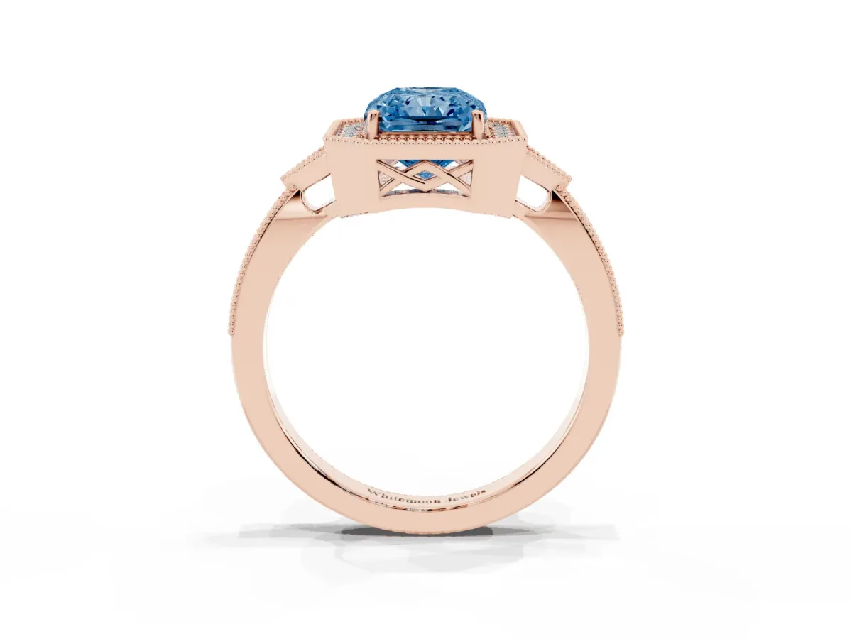 Fancy Blue Radiant Cut Halo Round Diamond Milgrain Pave Engagement Ring Rose gold