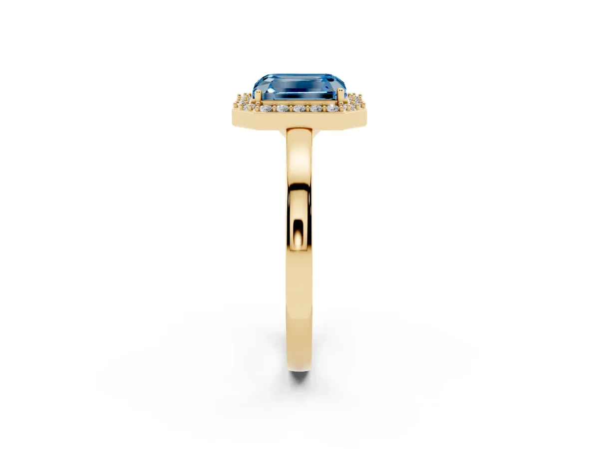 Fancy Blue Radiant Cut Halo Diamond Ring with Solitaire Band and Prong Setting Yellow gold