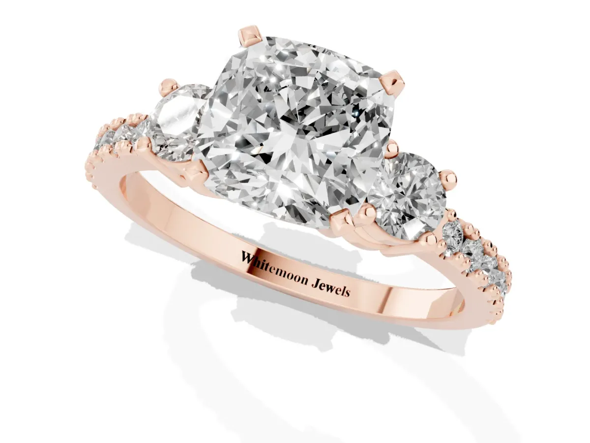 Cushion Cut Three-Stone Diamond Pavé Band with Prong Setting Rose gold