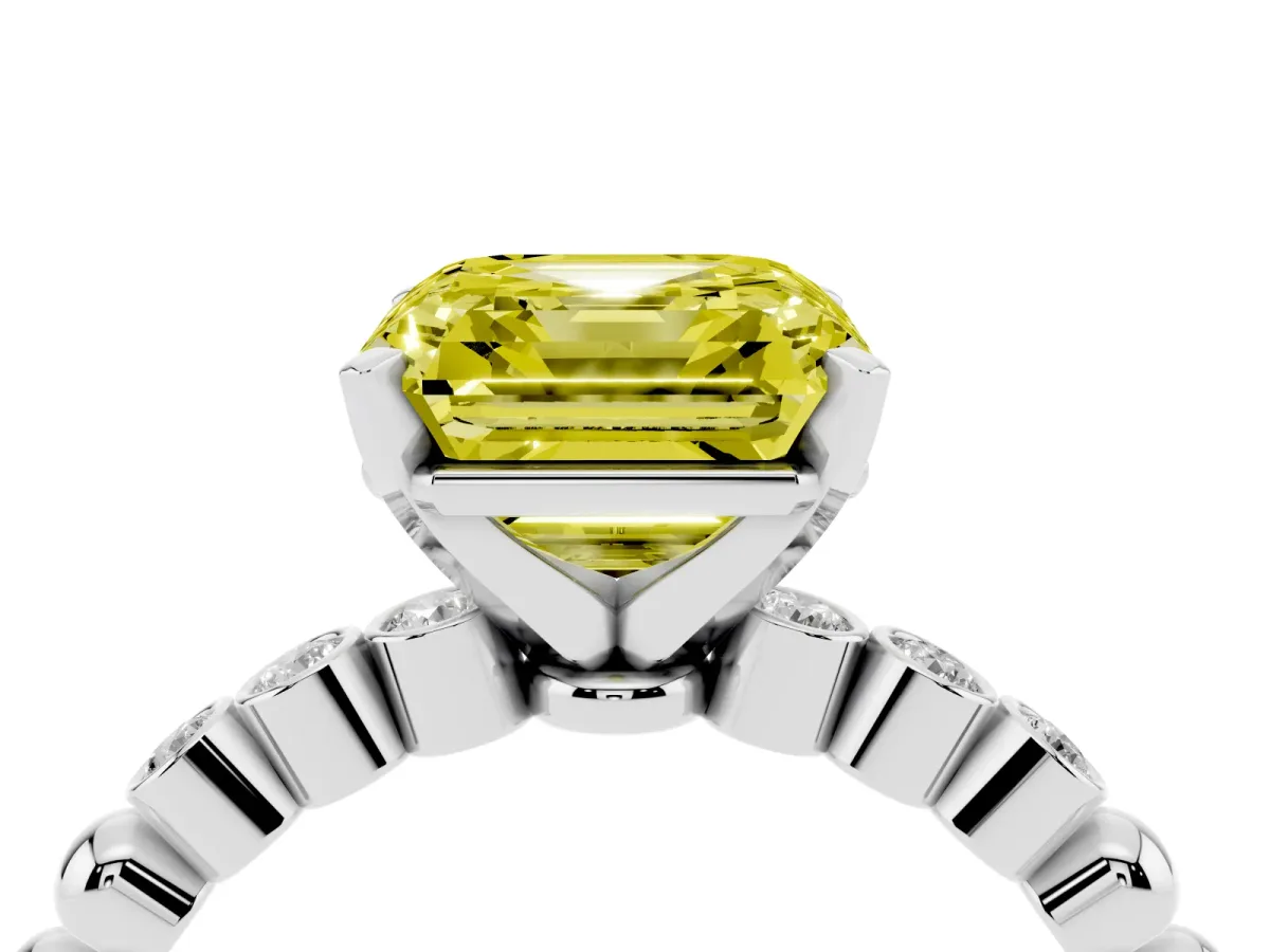 Fancy Yellow Asscher Cut Solitaire Bezel Accent Diamond Engagement Ring with Beaded Band and Four-Prong Setting White gold
