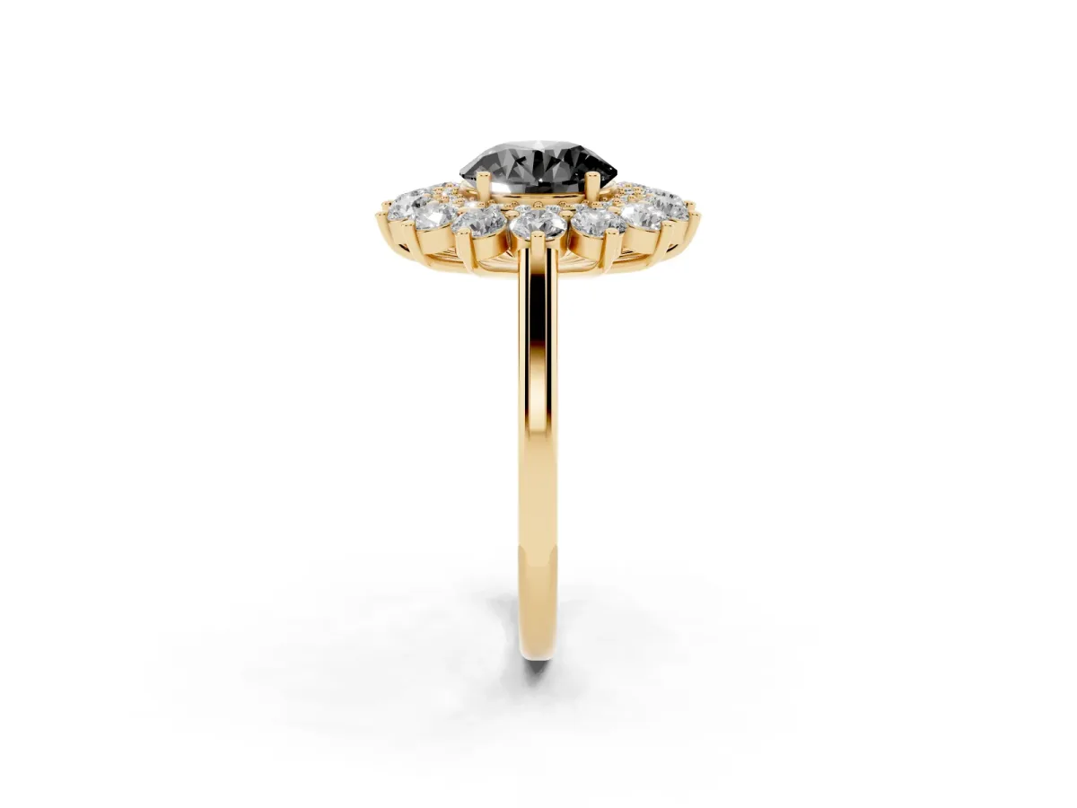 Fancy Black Round Cut Diamond Floral Double Halo Engagement Ring with Prong Setting Yellow gold