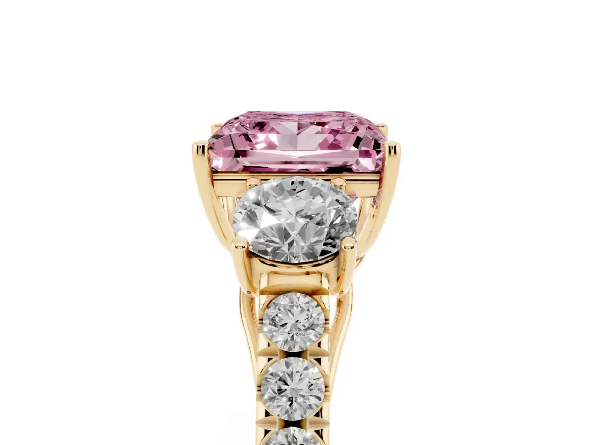 Fancy Pink Princess Cut Cut Diamond Three-Stone Ring with Round Side Stones and Pavé Band Yellow gold