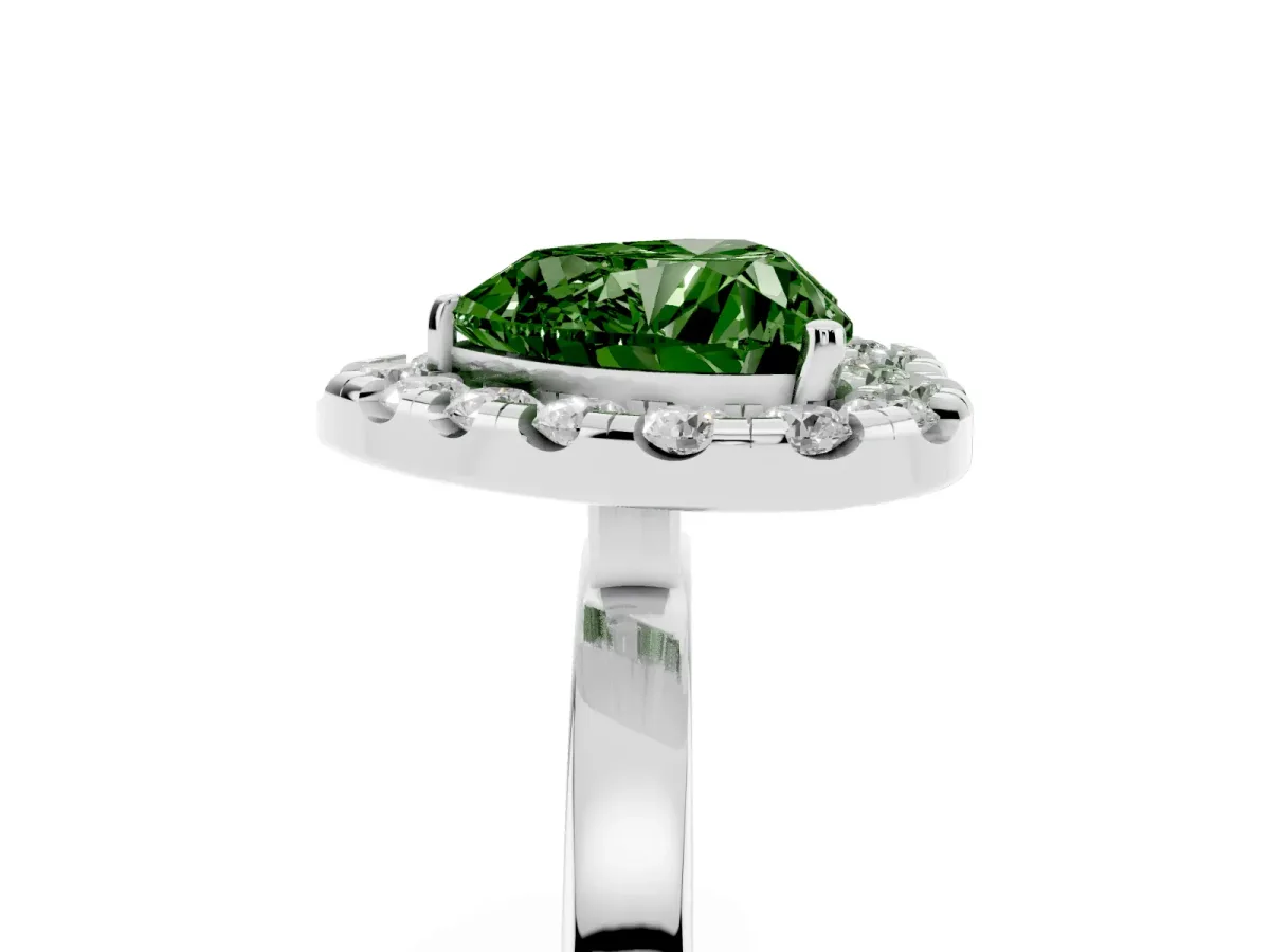 Fancy Green Heart Cut Halo Diamond Solitaire with Pavé Band and Four-Prong Setting Silver