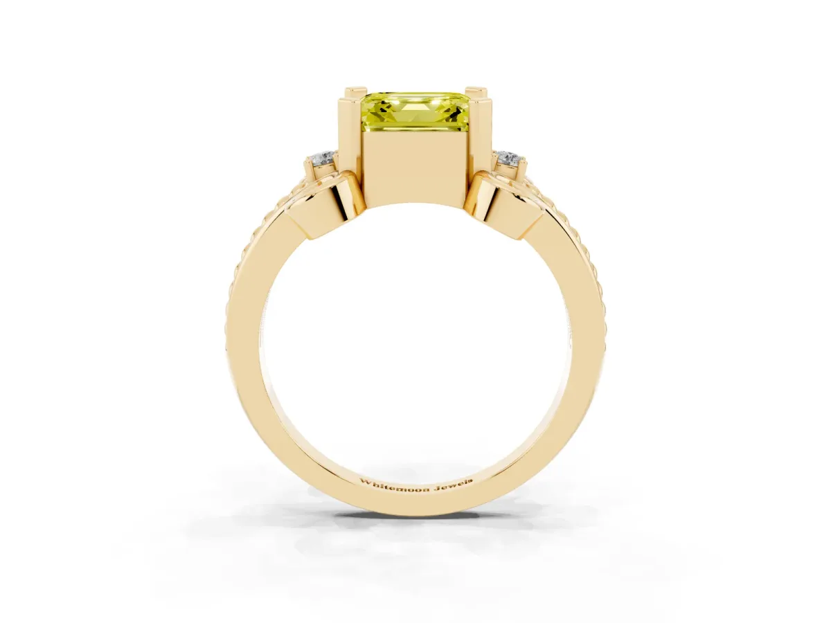 Fancy Yellow Asscher Cut Solitaire Twisted Band Scroll Prong Ring Yellow gold