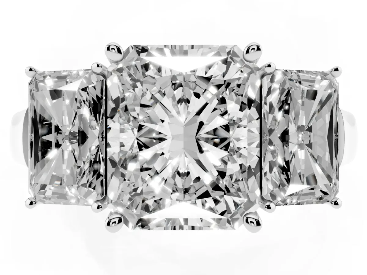 Three-Stone Radiant Cut Brilliant Diamond Trellis Ring with Comfort Fit Band Platinum