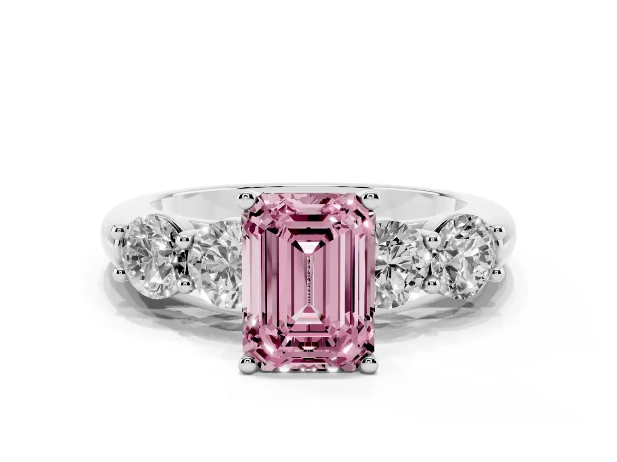 Fancy Pink Emerald Cut Cut Five-Stone Prong Set Diamond Ring with Classic Band Silver