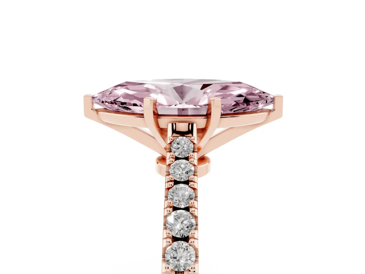 Fancy Pink Marquise Cut Cut Solitaire Diamond Engagement Ring with Pave Band and Four-Prong Setting Rose gold