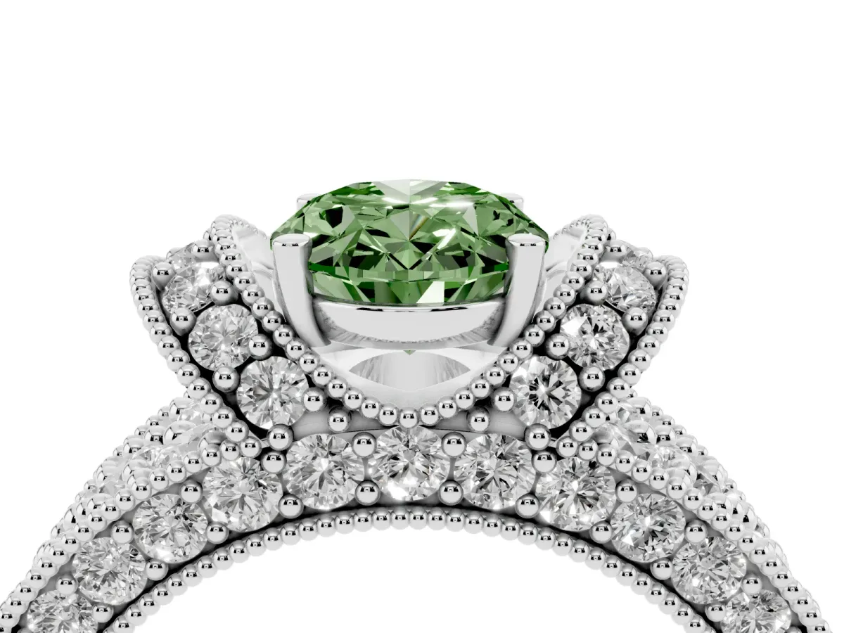 Fancy Green Oval Cut Halo Pave Diamond Engagement Ring with Milgrain Detailing Platinum