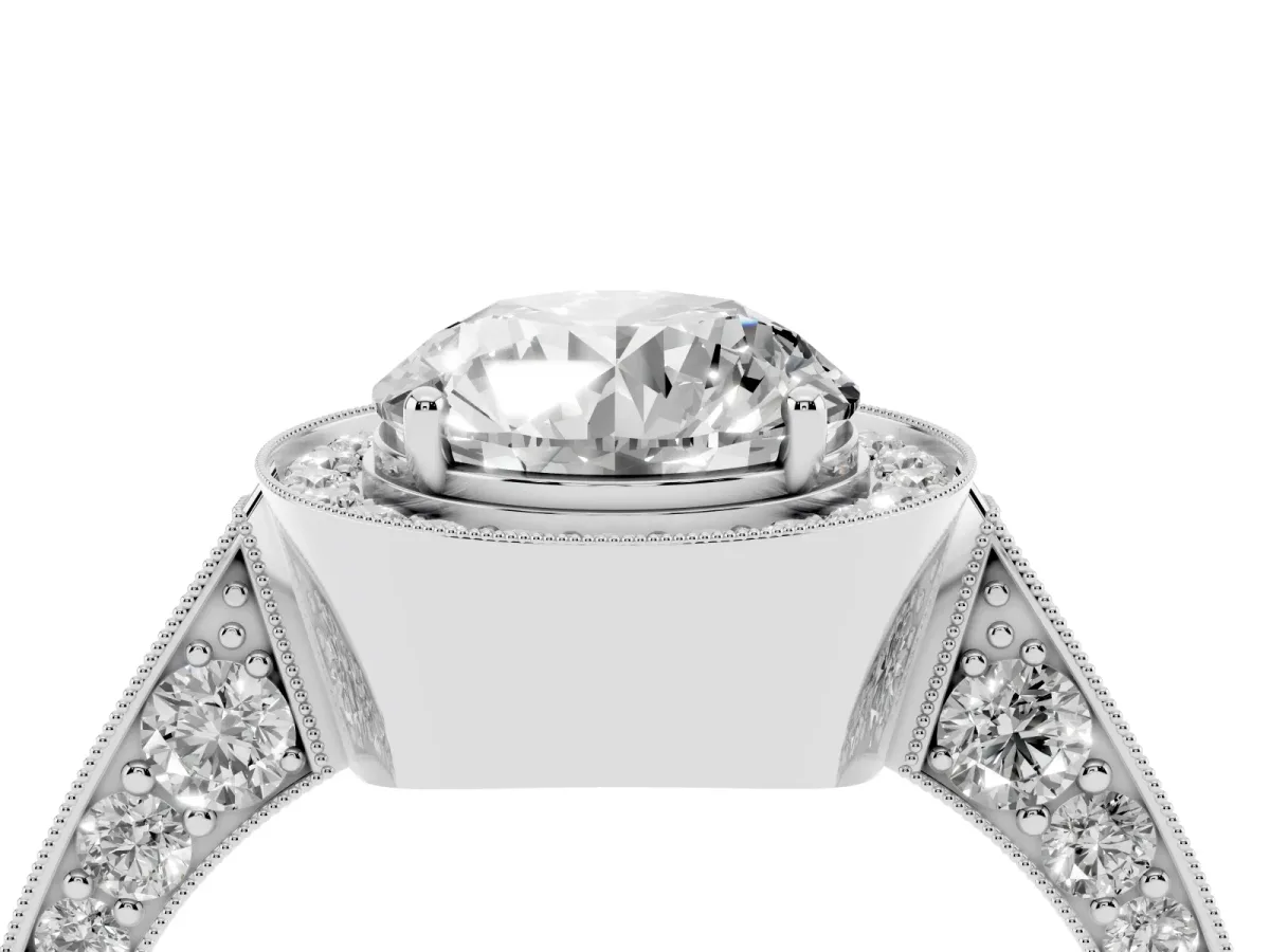 Round Cut Halo Diamond Engagement Ring with Split Shank Band and Four-Prong Setting Silver