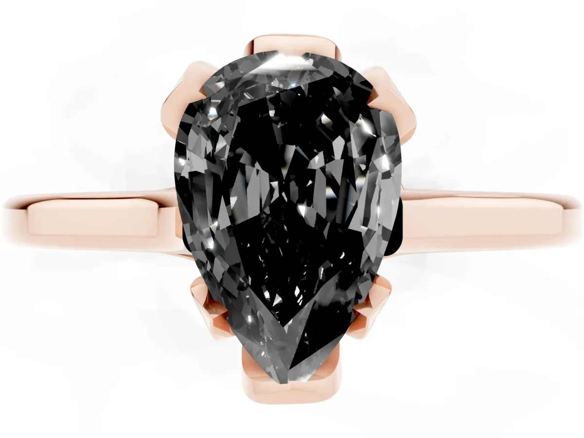 Fancy Black Pear Cut Diamond Solitaire Ring with Flower Prong Setting and Classic Band Rose gold