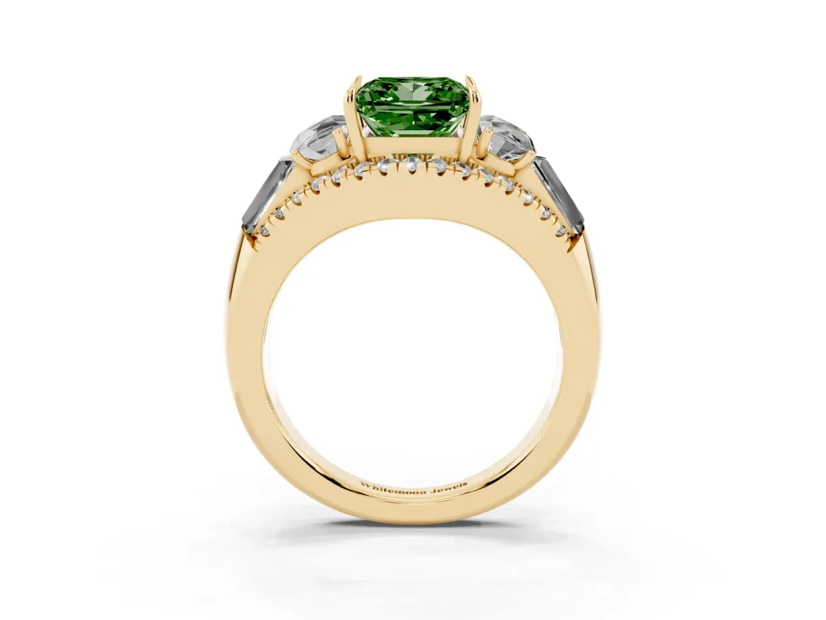 Fancy Green Three-Stone Princess Cut Diamond Engagement Ring with Pave Band and Prong Setting Yellow gold