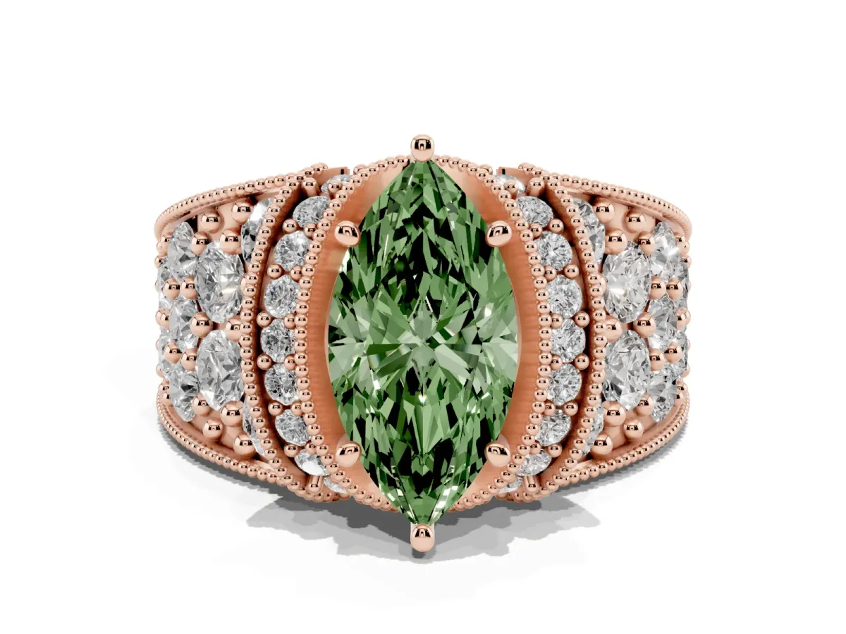 Fancy Green Marquise Cut Halo Pave Diamond Engagement Ring with Milgrain Detailing Rose gold
