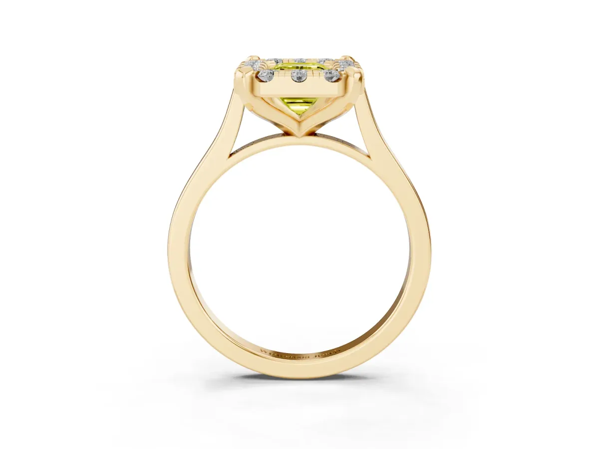 Fancy Yellow Emerald Cut Diamond Cluster Halo Solitaire with Four-Prong Setting Yellow gold