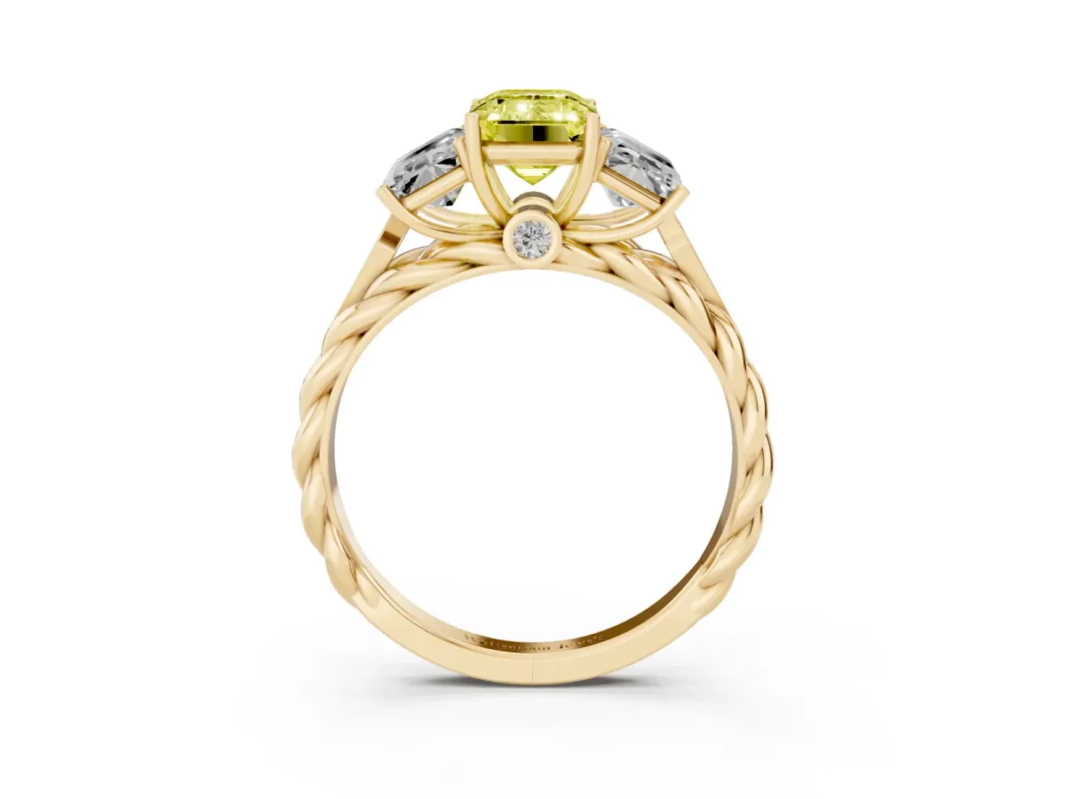 Fancy Yellow Three-Stone Emerald Cut Diamond Braided Band Ring with Four-Prong Setting Yellow gold