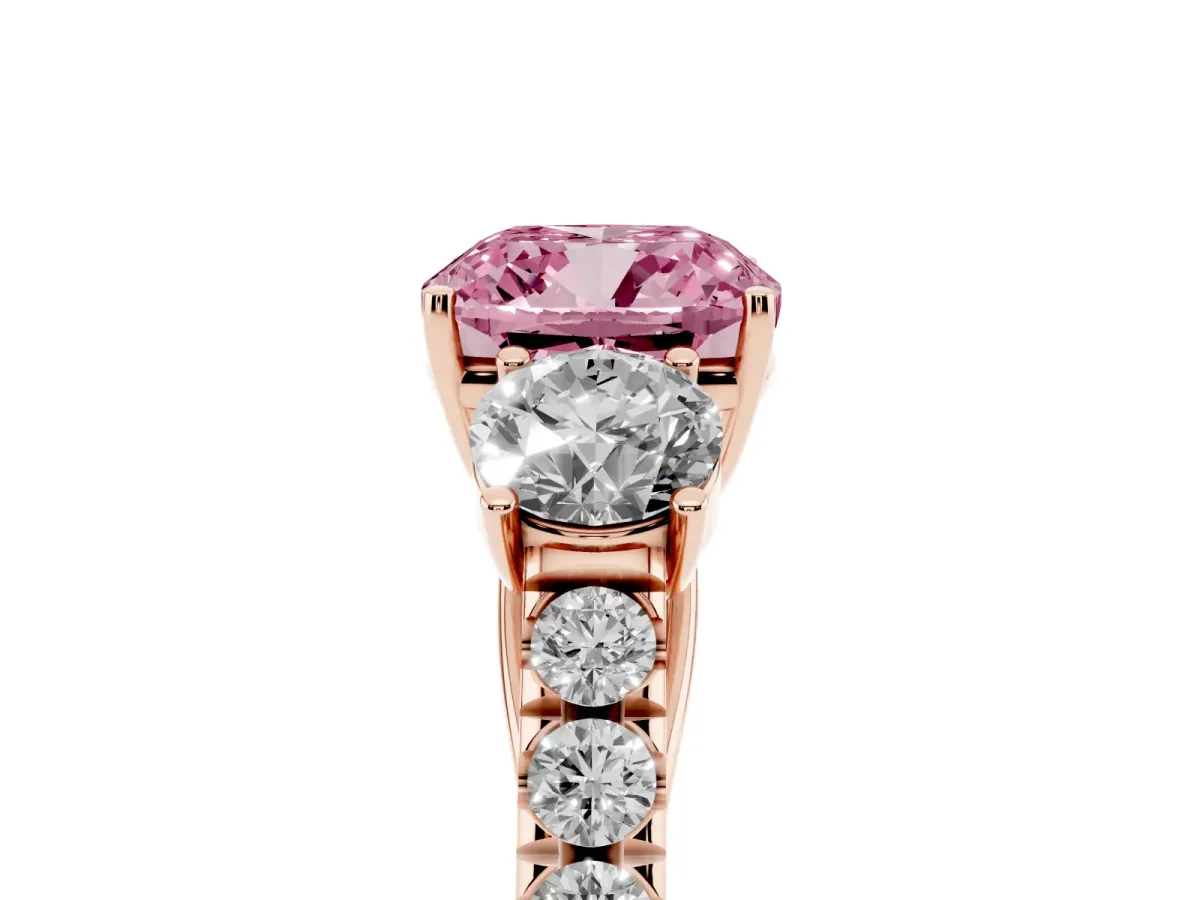Fancy Pink Cushion Cut Cut Diamond Three-Stone Ring with Round Side Stones and Pavé Band Rose gold