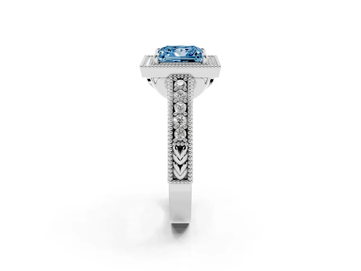 Fancy Blue Princess Cut Cut Halo Diamond Ring with Pavé Band and Four-Prong Setting Platinum