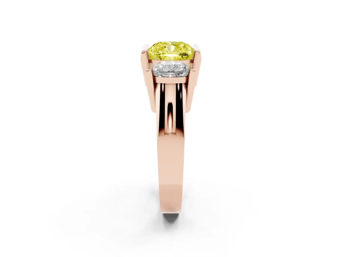 Fancy Yellow Three Stone Cushion Cut Cut Channel Set Diamond Ring Rose gold