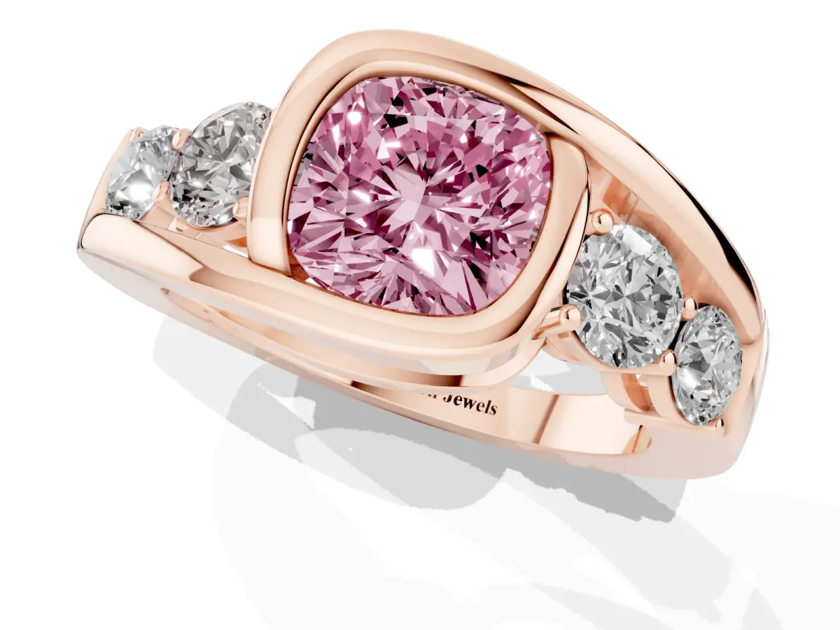 Fancy Pink Bezel Set Cushion Cut Diamond Bypass Ring with Round Accents Rose gold