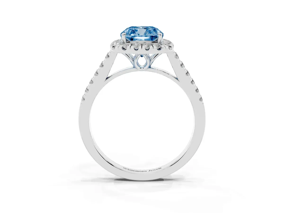 Fancy Blue Cushion Cut Halo Pavé Diamond Engagement Ring with Four-Prong Setting Platinum