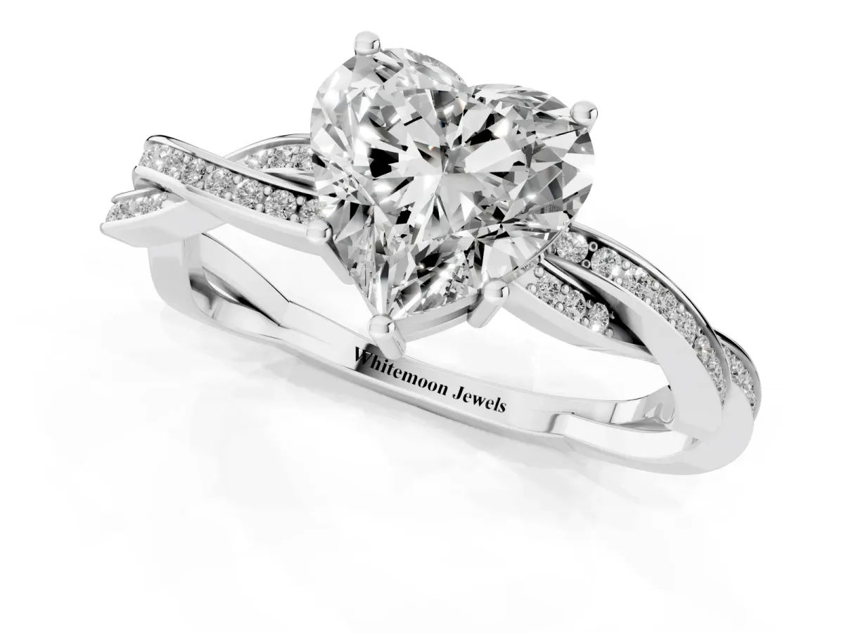 Heart Cut Solitaire Twisted Pave Diamond Ring with Four-Prong Setting Platinum