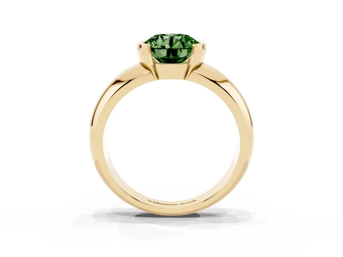 Fancy Green Round Cut Solitaire Tension Set Diamond Ring with Wide Band Yellow gold