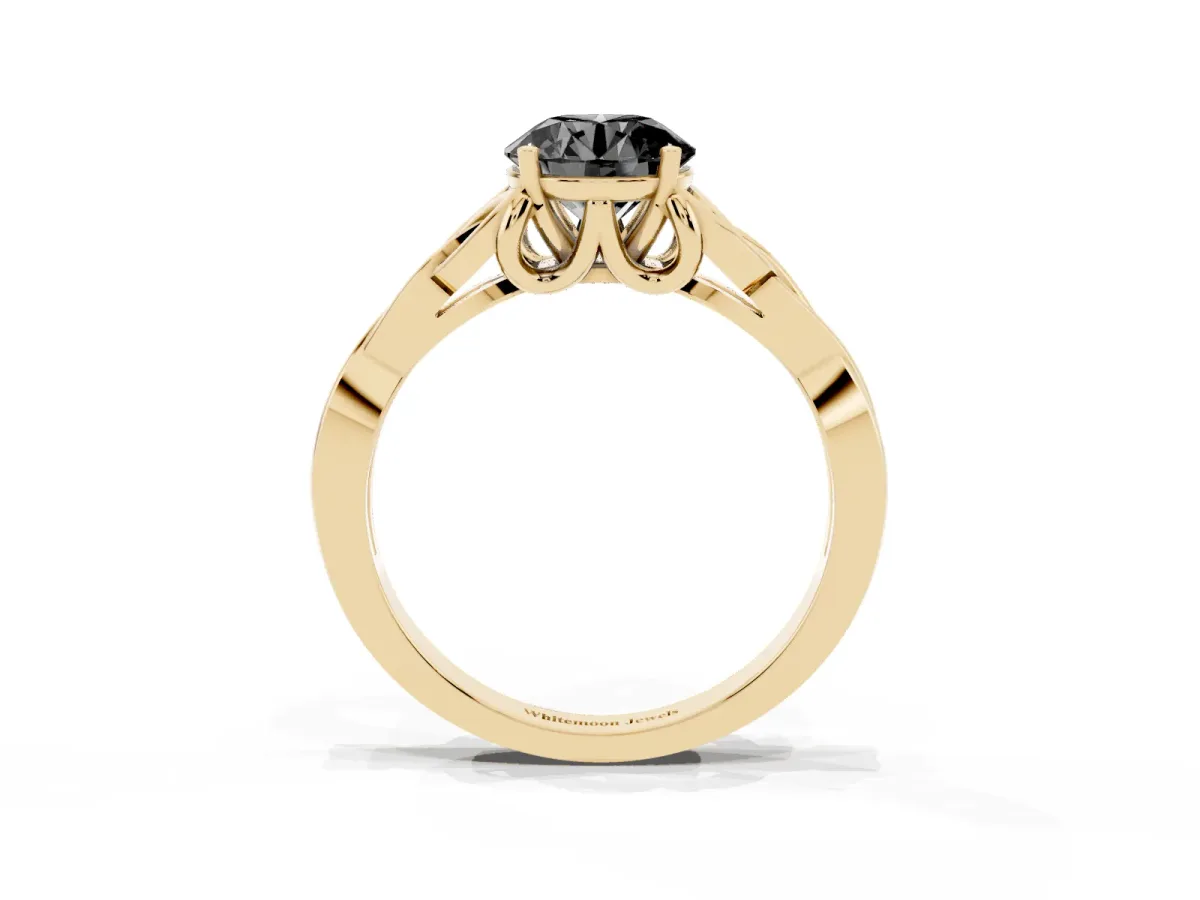 Fancy Black Round Cut Diamond Solitaire Engagement Ring with Celtic Knot Band and Four-Prong Setting Yellow gold