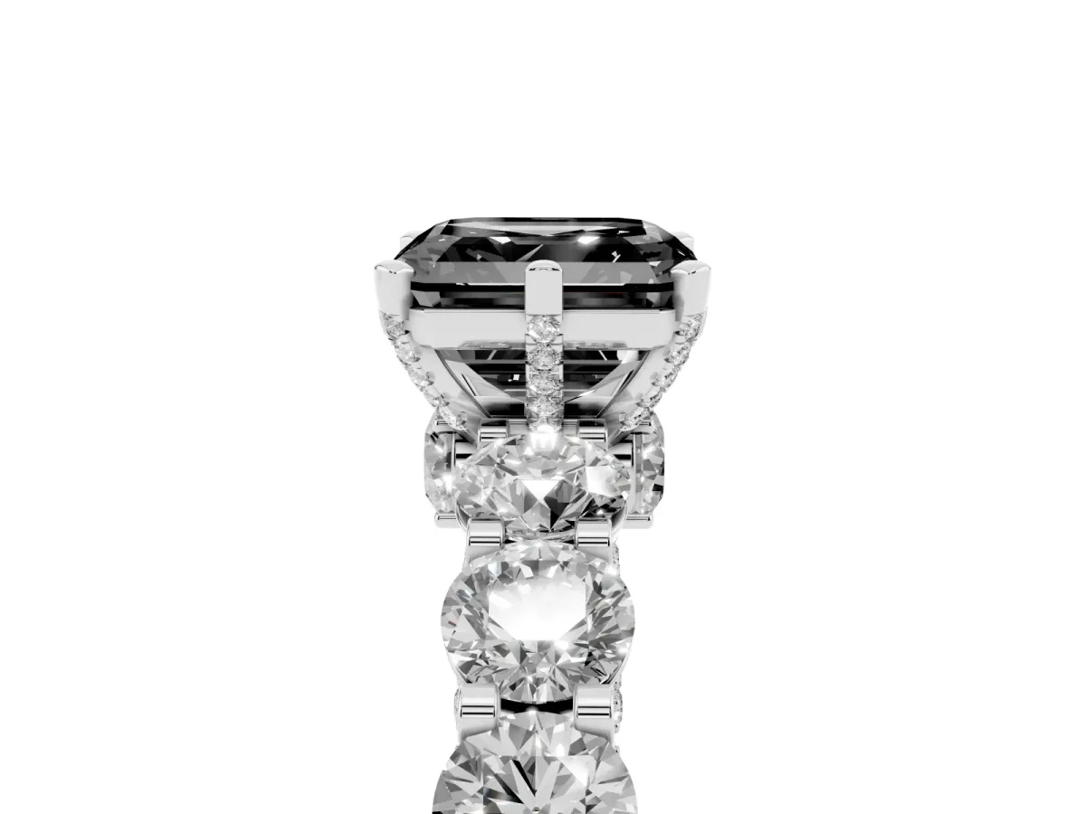 Fancy Black Asscher Cut Diamond Side Stone Engagement Ring with Four-Prong Setting Platinum
